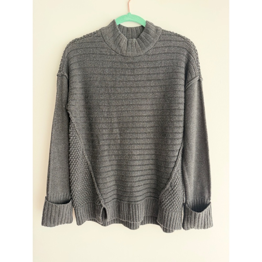 Saks Fifth Avenue Women Gray Mock Neck Wool Blend Mixed Knit Sweater Cozy Boho M